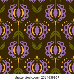Flowers in Scandinavian or Slavic style. Vector botanical illustration. Seamless geometric ethnic pattern in earthy tones. For wallpaper, printing on fabric, wrapping, background.