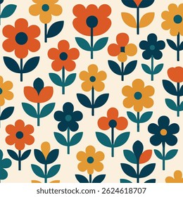 Flowers in Scandinavian style, bold flat colors, geometric petals, retro 70s vibe