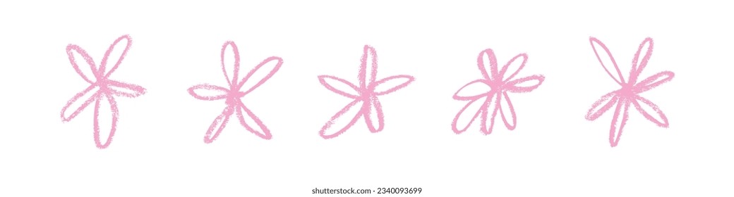 Flowers and scribbles doodle, floral icons in abstract spring style. Cute shapes, daisies painted in patterns with a brush. Flat vector illustrations isolated on white background