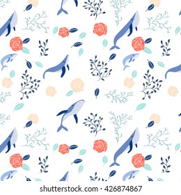 Flowers and sea elements in pastel colors. Vector texture. It can be used for background, packaging paper,  wedding, pictures, interior, wallpaper, banner.
