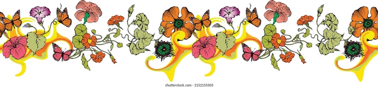 Flowers. Seamless abstract border. Suitable for fabric, mural, wrapping paper and the like.