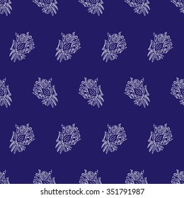 Flowers seamless abstract pattern on blue background. Vector