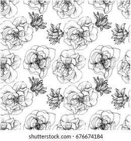 Flowers. Seamless background. On a white background the image of roses and chrysanthemums. Drawing with ink. Artistic drawing. Thin lines. Wallpaper. Prints for fabric. 