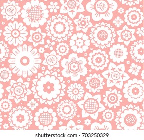 Flowers, seamless background, pink and white, vector. White decorative flowers on a pink background. Floral seamless background. 