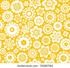 Flowers, seamless background, white and yellow, vector. White decorative flowers on a yellow background. Floral seamless background. 