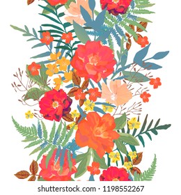 Flowers seamless border hand drawn for print design. Vector modern pattern with colorful roses, ferns.
