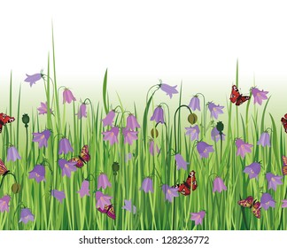  Flowers seamless border. Spring seamless background. Grass, bluebell, butterfly. Summer decor edge.