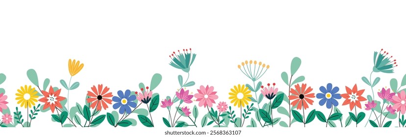 Flowers seamless clipart banner background. Spring flower clip art in endless and continuous pattern for wallpaper, greeting and invitation card design. Vector illustration seamless flowers banner.   