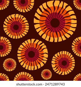 Flowers seamless color vector pattern. Abstract round organic shapes seamless pattern. Bright color shapes. Orange, yellow, brown colors. Vector seamless background. Flat vector background.