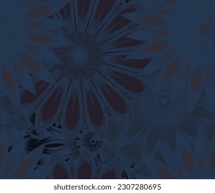 Flowers. Seamless floral background. Dark. Tracery handmade nature ethnic fabric backdrop pattern. Textile design texture. Decorative color art. Vector