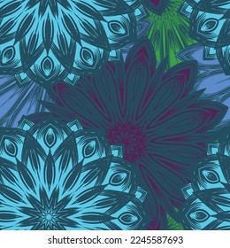 Flowers. Seamless floral background. Tracery handmade nature ethnic fabric backdrop pattern. Textile design texture. Decorative color art. Vector