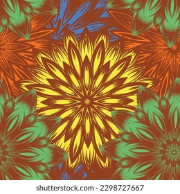Flowers. Seamless floral background. Tracery handmade nature ethnic fabric backdrop pattern. Textile design texture. Decorative color art. Vector