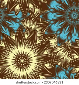 Flowers. Seamless floral background. Tracery handmade nature ethnic fabric backdrop pattern. Textile design texture. Decorative color art. Vector