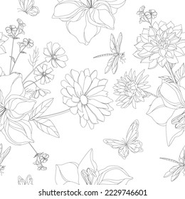 Blumen. Nahtlose Blumenmuster. Ein Ast mit einem Laubverzierung. Blühender natürlicher Garten strukturierter Hintergrund. Tapete und Stoffe. Schwarze Konturen blumen auf weißem Hintergrund.