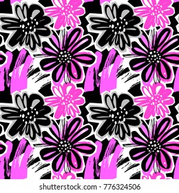 Flowers seamless hand craft expressive ink pattern. Funky style painted texture, poster with different doodles for fabric, wrapping, decoration, greeting card,  textiles or t-shirt apparel design.