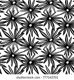 Flowers seamless hand craft expressive ink pattern. Funky style painted texture, poster with different doodles for fabric, wrapping, decoration, greeting card,  textiles or t-shirt apparel design.