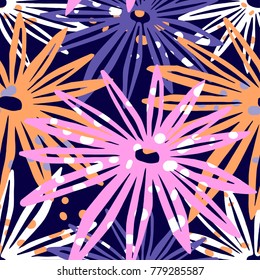 Flowers seamless hand craft expressive ink pattern. Funky style painted texture, poster with different doodles for fabric, wrapping, decoration, greeting card,  textiles or t-shirt apparel design.