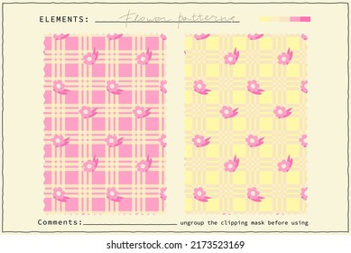Flowers Seamless hippie pattern on Checkerboard background	