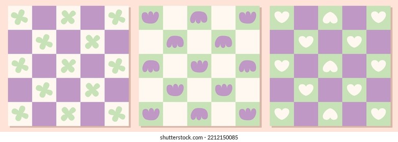 Flowers Seamless hippie pattern on Checkerboard background. Pastel backgrounds with small flowers and hearts for tablecloth, dress, or other textile design.