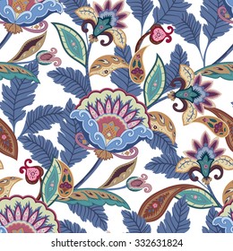 Flores compactas de paisajes. Preparando impresión. Decoración de papel pintado con estilo. Comprimido floral, para tela, textil, papel de envolver, plantilla de papel pintado.Fondo ornamental brillante. Moto de Paisley