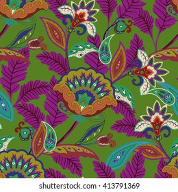 Flowers seamless paisley pattern. Wrapping print. Stylized wallpaper decoration. Floral ornament, for fabric, textile, wrapping paper, wallpaper template.Ornamental bright background. Paisley motif