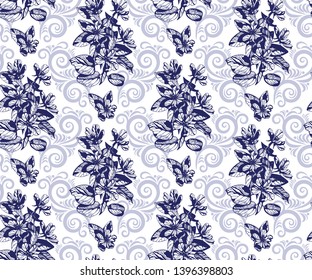 flowers seamless patern. Hand drawn ink illustration. Wallpaper or fabric design. Vector pattern.