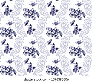 flowers seamless patern. Hand drawn ink illustration. Wallpaper or fabric design. Vector pattern.