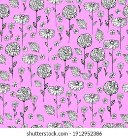 Flowers seamless patern on pink background. Wallpaper, pattern for fabric.