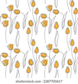 Flowers seamless pattern. Abstract yellow tulips floral line continuous vector illustration. Botanical outline backdrop. Wallpaper, background, fabric, textile, print, wrapping paper, package design.