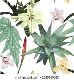 Flowers seamless pattern, agave, cacti, aloe greenery. Decorative white background in rustic boho style for fabric.