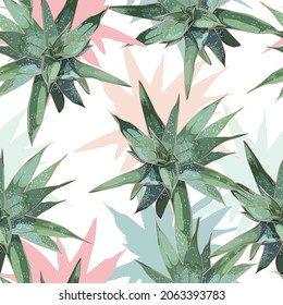 Flowers seamless pattern, agave, cacti, aloe greenery. Decorative white background in rustic boho style for fabric.