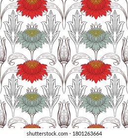 Flowers seamless pattern in art nouveau style. Contour tulips, red and green buds of peonies on a white background.