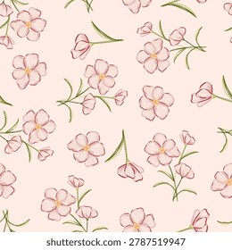 flowers seamless pattern art vector drawing of repeating daisies in lines on a salmon background