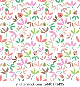 Flowers seamless pattern background with ladybug.