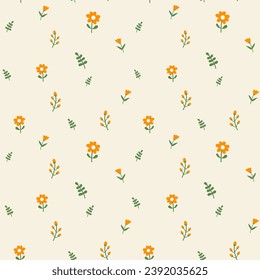 Flowers seamless pattern background. Orange flowers on light background. Simple flat modern drawing. Floral texture for textile and fashion design. Spring botanical print.