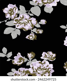 Flowers seamless pattern .big flowers vector . small floral with leaves,monochrome,