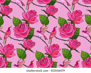 Flowers seamless pattern with birds.