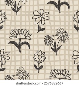 Flowers seamless pattern. Black floral stencil allover background. Marker drawn repeat cover. Surface pattern spring motif on plaid bg. Vector hand drawn monochrome gingham illustration.