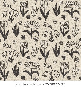 Flowers seamless pattern. Black floral stencil allover background. Marker drawn repeat cover. Surface pattern spring motif on beige bg. Vector hand drawn monochrome illustration.