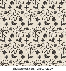 Flowers seamless pattern. Black floral stencil allover background. Marker drawn repeat cover. Surface pattern spring motif on beige bg. Vector hand drawn monochrome illustration.