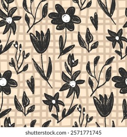 Flowers seamless pattern. Black and white floral stencil allover background. Linocut drawn repeat cover. Surface pattern spring motif. Vector hand drawn monochrome gingham illustration.