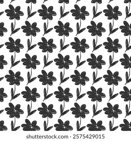 Flowers seamless pattern. Black and white floral stencil allover background. Cosmos charcoal drawn repeat cover. Surface pattern design spring motif. Vector hand drawn monochrome illustration.