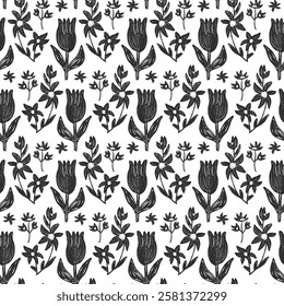 Flowers seamless pattern. Black and white floral stencil allover background. crayon drawn repeat cover. continuous ornament. Surface pattern design spring motif. Vector hand drawn monochrome.