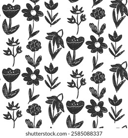 Flowers seamless pattern. Black and white floral stencil allover background. Linocut drawn repeat cover. Surface pattern spring motif. Vector hand drawn monochrome illustration.