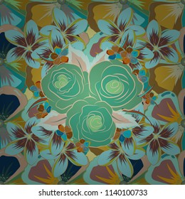 Flowers seamless pattern in blue, green and brown colors. Cute vector floral background.