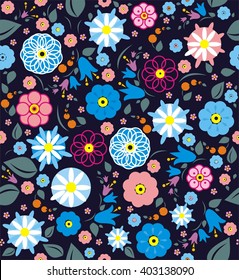 Flowers. A seamless pattern with blue, pink, purple flowers; gray leaves and orange berries on a dark blue background.