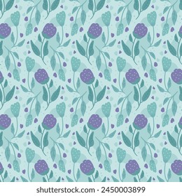 Flowers seamless pattern. Blue and violet wildflowers endless background. Summer meadow repeat cover. Botanic loop ornament. Vector flat hand drawn illustration.