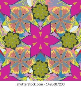 Flowers seamless pattern in blue, yellow and magenta colors. Cute vector floral background.