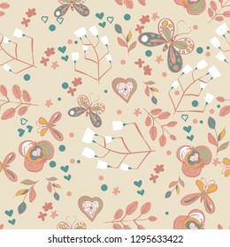 flowers seamless pattern with butterflies