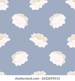 Flores sin patrón. Flor de cerezo simple adorno minimalista. Diseño gráfico para papel, impresión textil, envoltura. Fondo floral con flores blancas dibujadas a mano sobre fondo azul